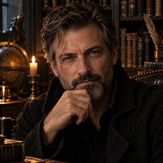 Approved illustrated portrait of Marcus Sebastian Calder, seated in a candlelit library.