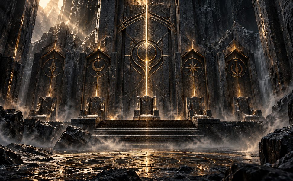 An ancient stone chamber with a glowing circular seal and monumental carved stone structures.