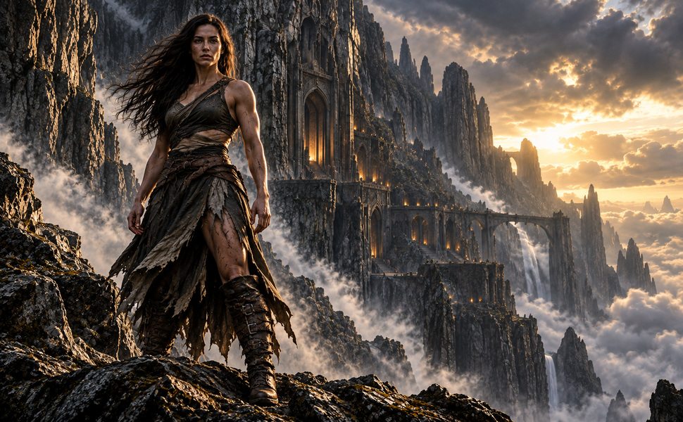 Torva Vendari amid immense stone towers and mountain cliffs.